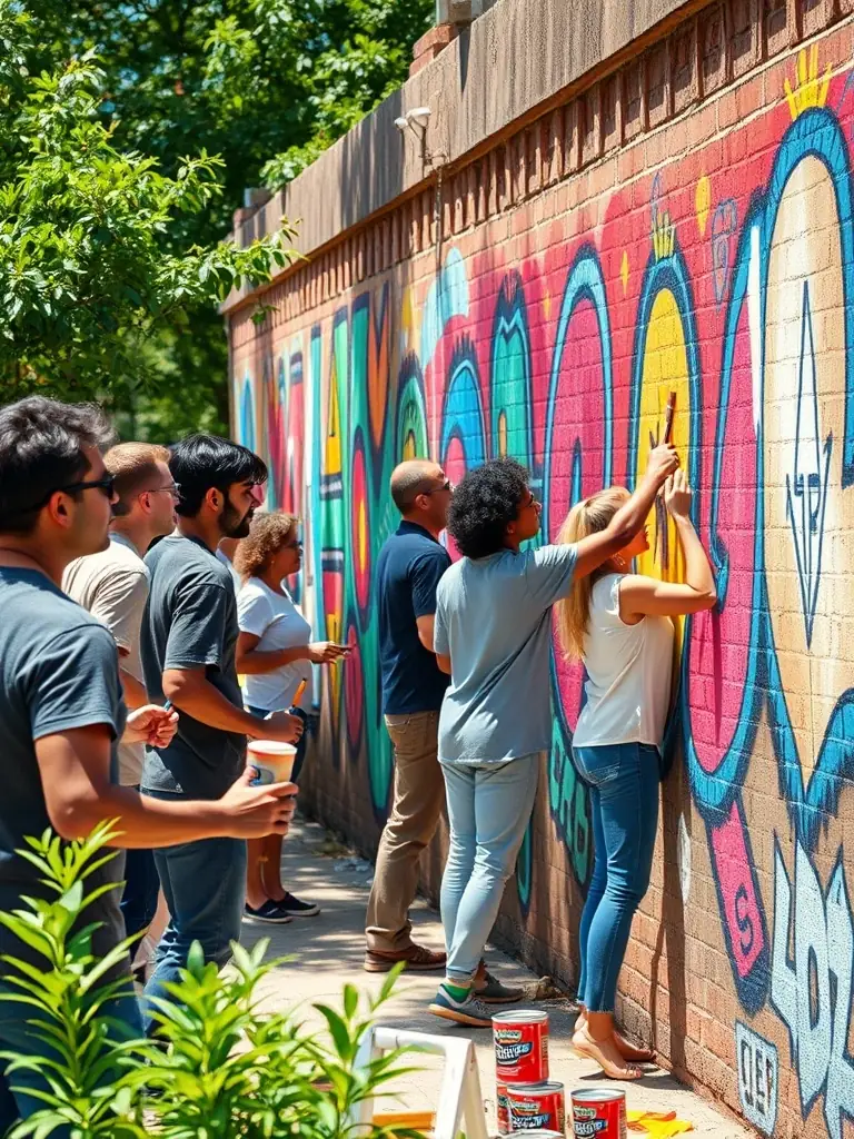 A vibrant photograph capturing participants engaged in a collaborative mural painting activity, showcasing community involvement and artistic expression.