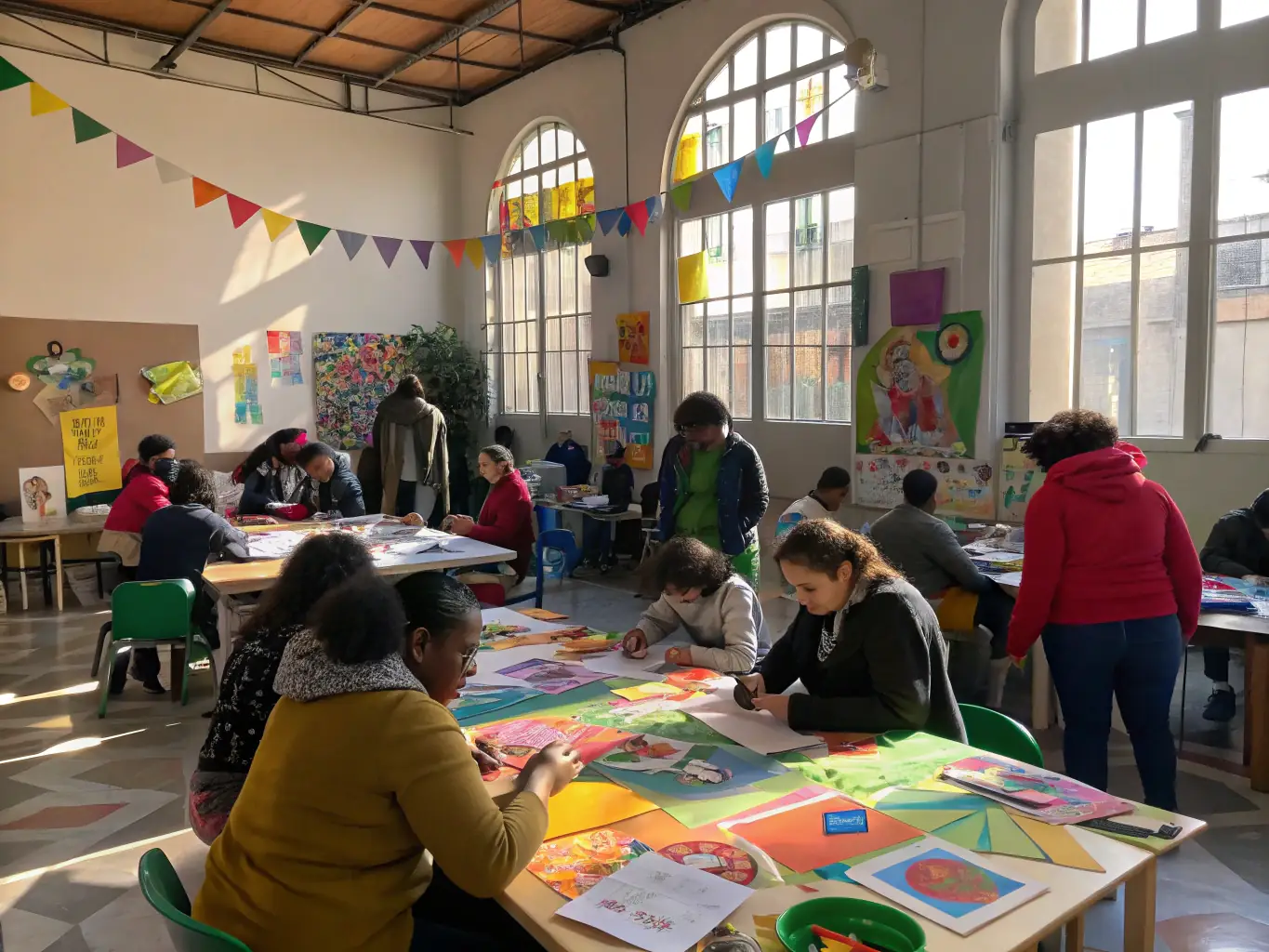 A vibrant image depicting a community art workshop in progress, with participants of all ages engaged in painting and creative expression, reflecting the organization's commitment to fostering creativity and community engagement.