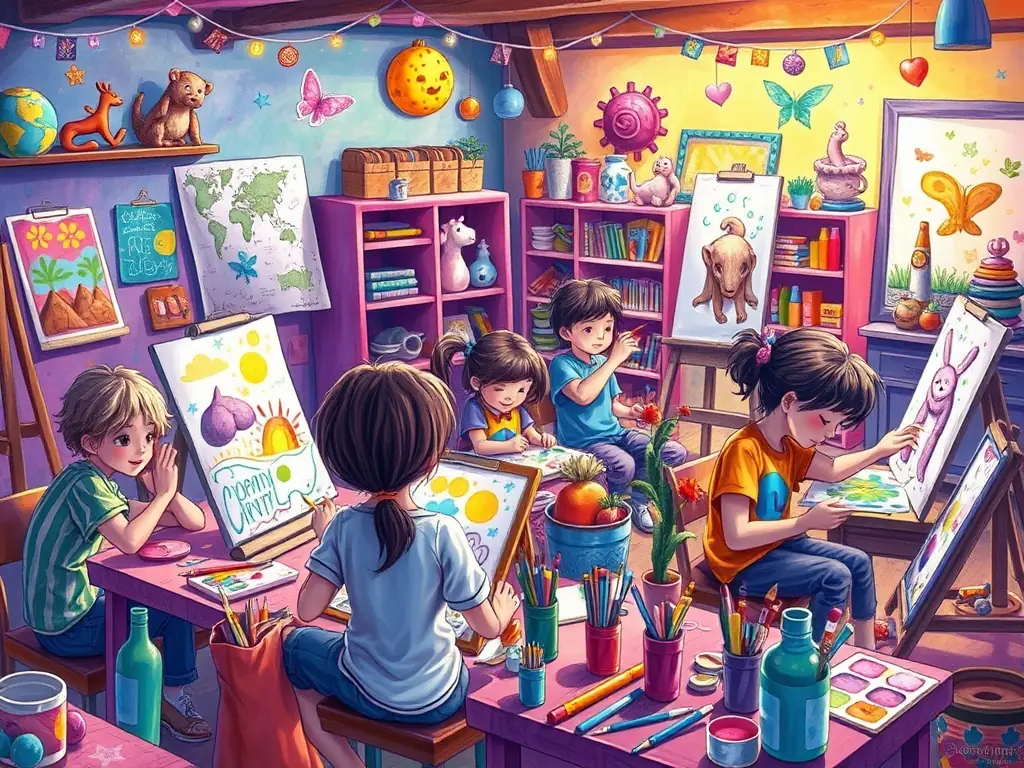 A vibrant image depicting a group of children participating in an art workshop, painting and creating colorful artwork, showcasing the educational and creative programs offered by ASSOC CULTURELLE EXPRESSION.