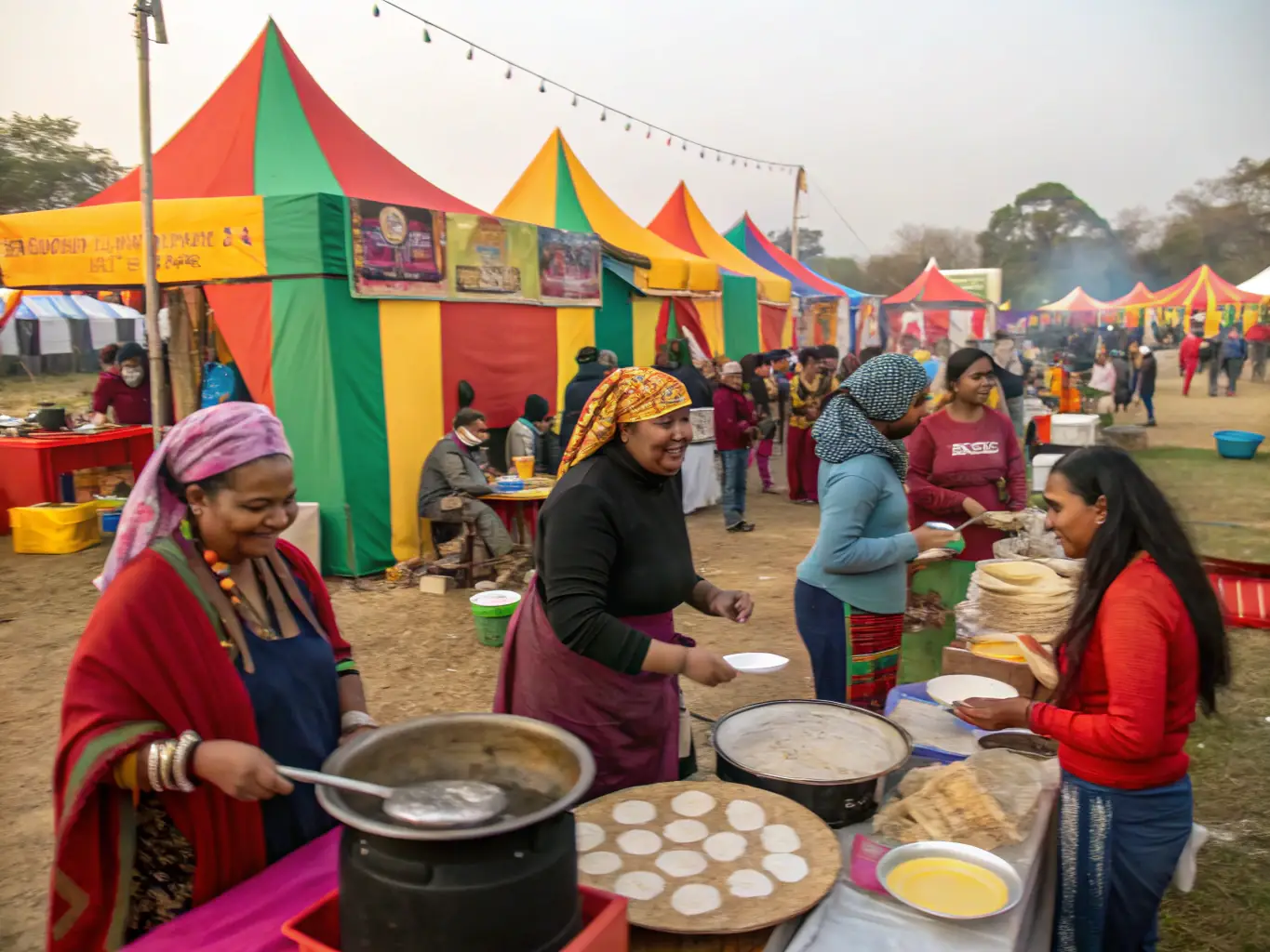 A visually appealing image of a community cultural event, showcasing diverse cultural displays, food stalls, and people interacting and celebrating together.