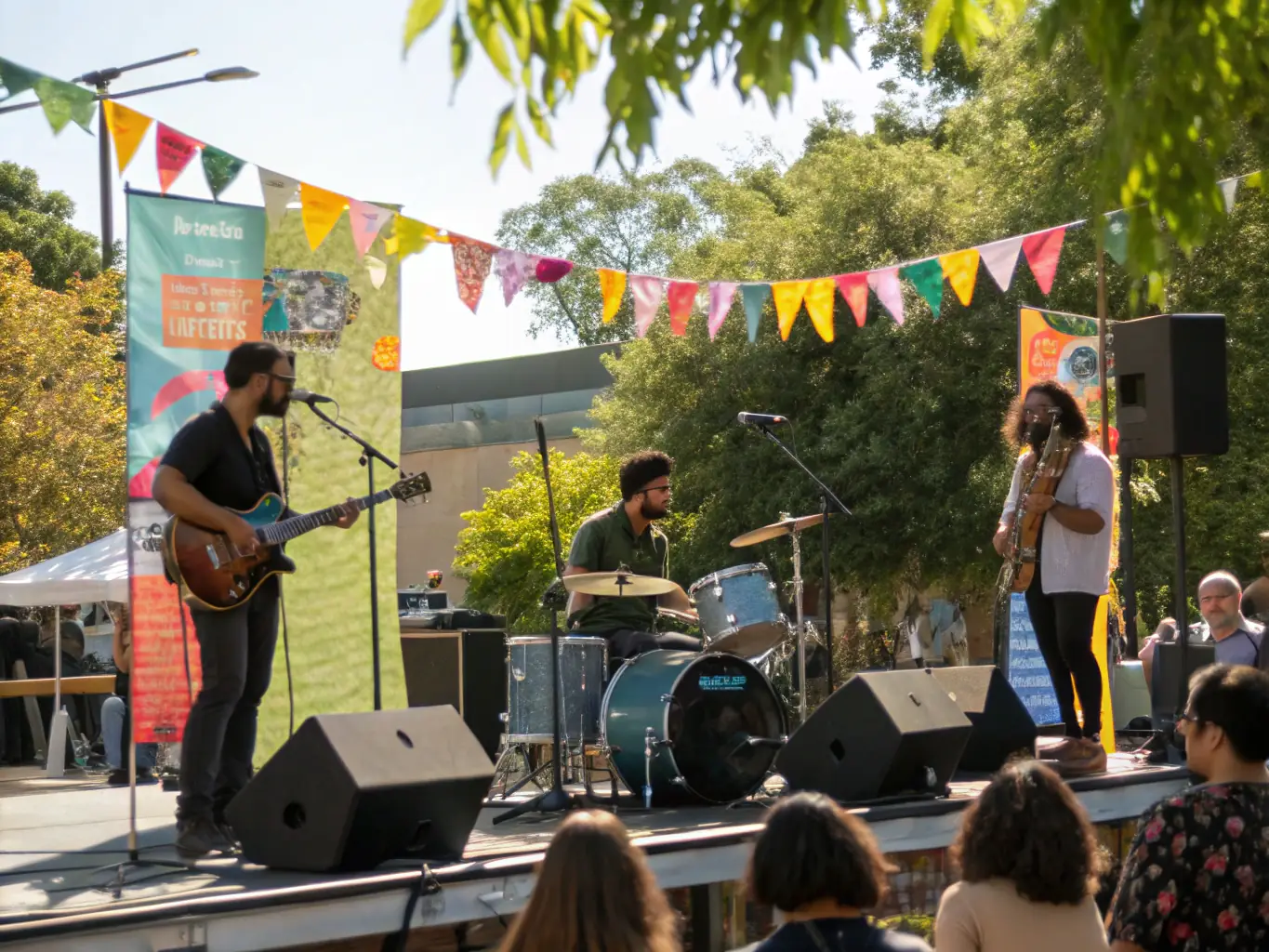 A photograph capturing a live music performance at a community event organized by ASSOC CULTURELLE EXPRESSION, showcasing local musicians and celebrating cultural diversity.